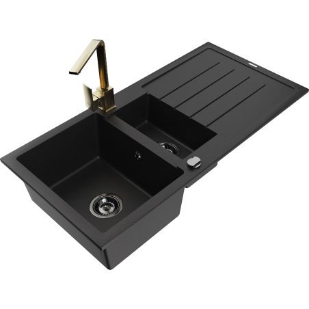 Mexen Andres fregadero de granito 1,5 cubetas con escurridor y grifo de cocina Rita, negro - 6515-77-670300-50-B