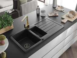 Mexen Andres évier en granit 1,5 bac avec égouttoir et robinet de cuisine Rita, noir - 6515-77-670300-50-B