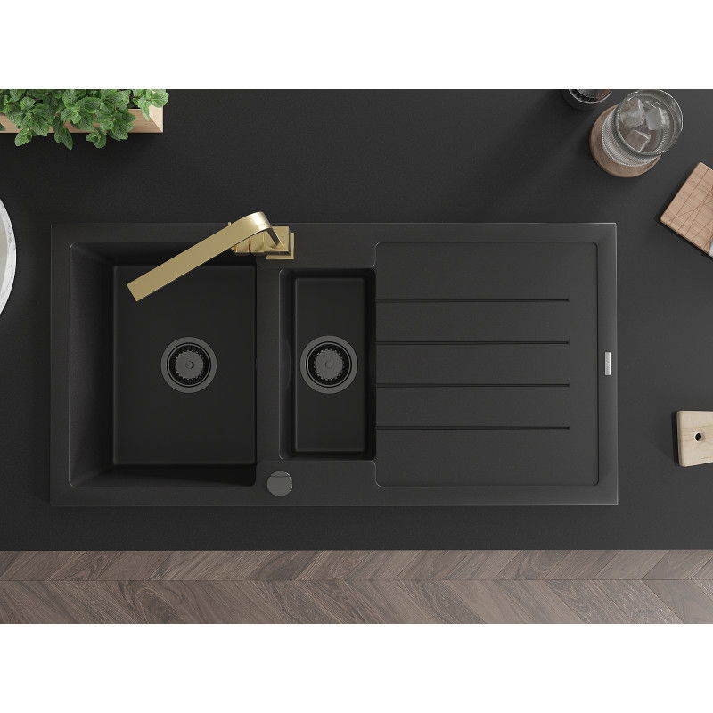 Mexen Andres granitā izlietne ar 1,5 nodalījumu ar noteces un virtuves krānu Rita, melna - 6515-77-670300-50-B