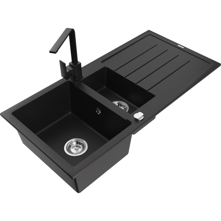 Mexen Andres granite sink 1.5-bowl with drainer and Rita kitchen tap, black - 6515-77-670300-70