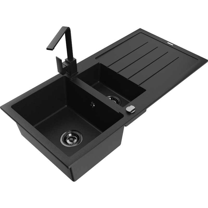 Mexen Andres granite sink 1.5-bowl with drainer and Rita kitchen tap, black - 6515-77-670300-70-B