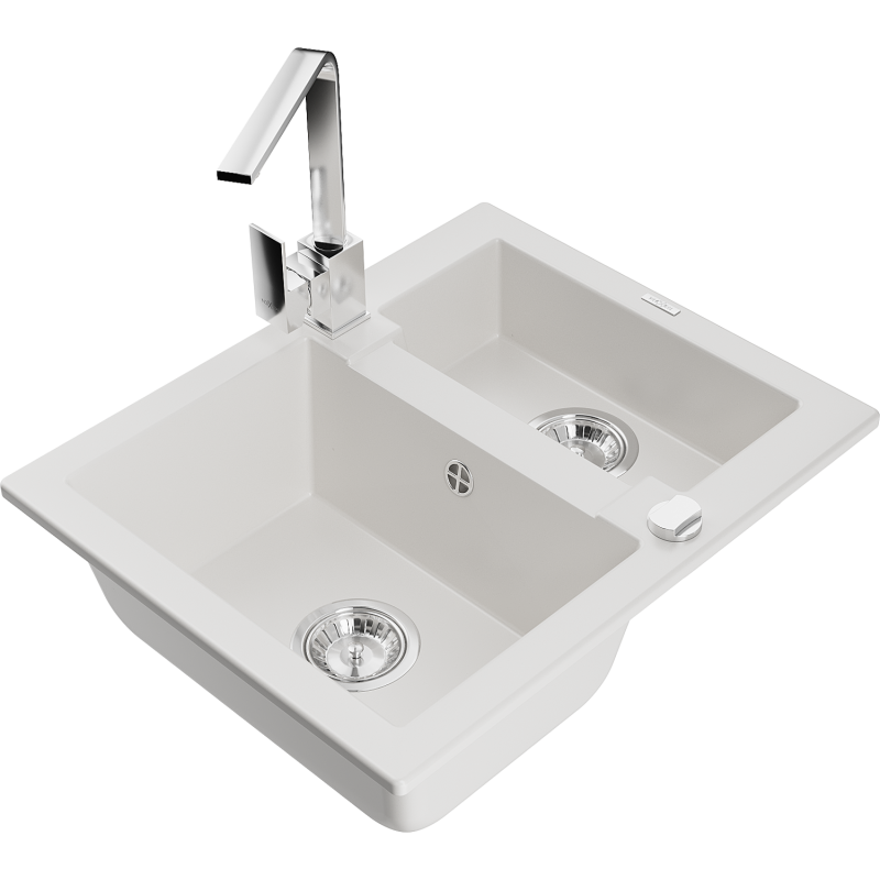 Mexen Carlos évier en granit 1,5-bac avec mitigeur de cuisine Rita, blanc - 6518-20-670300-00