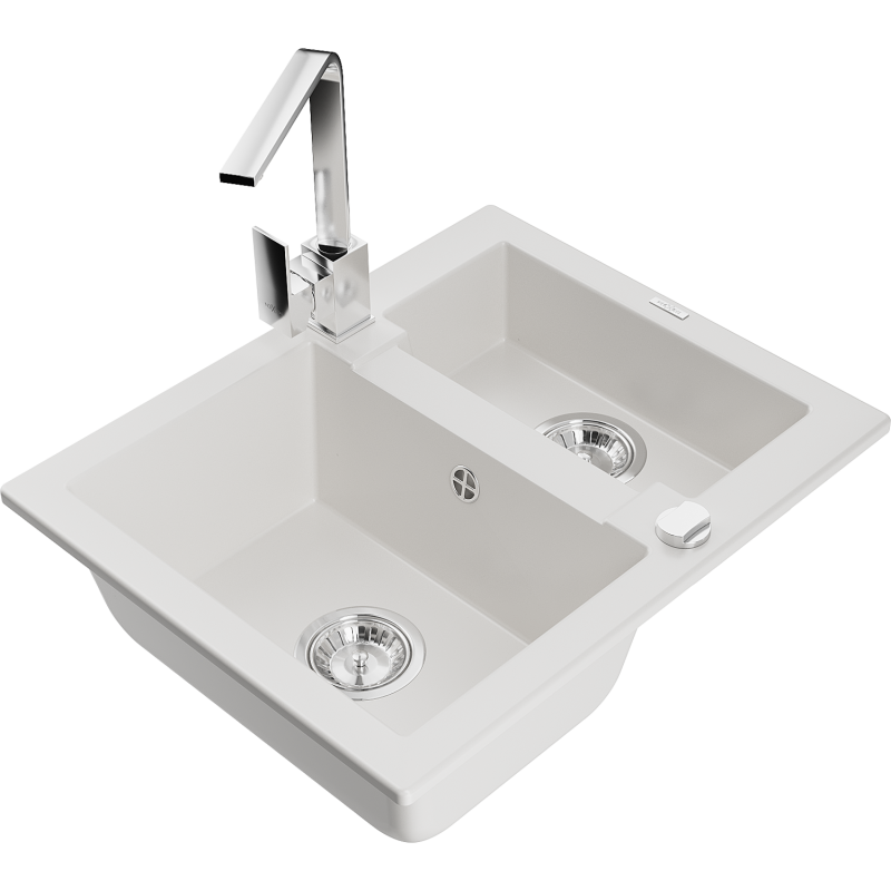 Mexen Carlos lava-louça de granito de 1,5 cubas com torneira de cozinha Rita, branco - 6518-20-670300-00