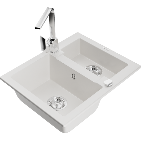 Mexen Carlos granitische gootsteen 1,5-kamers met keukenkraan Rita, wit - 6518-20-670300-00