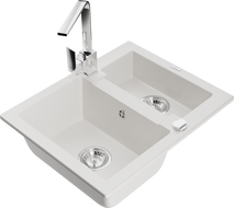Mexen Carlos 1.5-bowl granite kitchen sink with Rita tap, white - 6518-20-670300-00