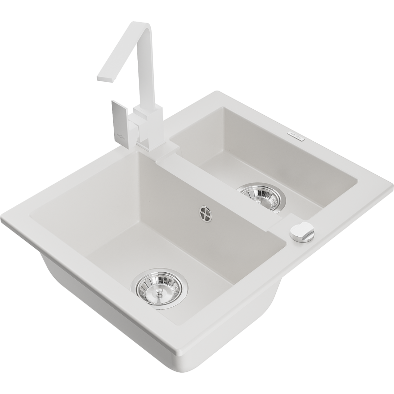 Mexen Carlos lava-loiça de granito 1,5-bacia com torneira de cozinha Rita, branco - 6518-20-670300-20