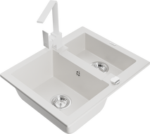 Mexen Carlos 1.5-bowl granite sink with Rita kitchen tap, white - 6518-20-670300-20