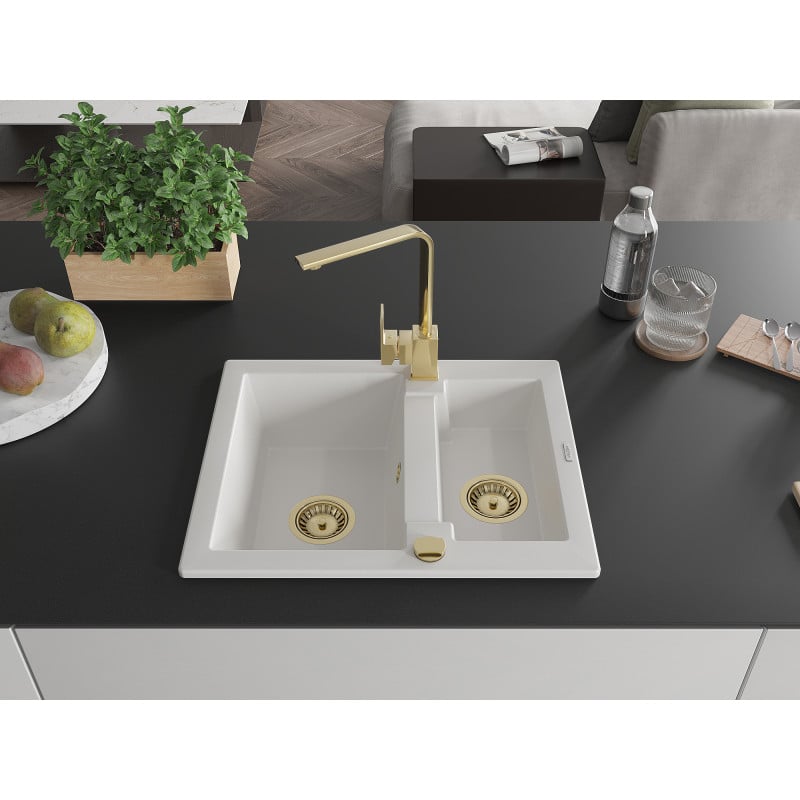 Mexen Carlos 1.5-bowl granite sink with Rita kitchen tap, white - 6518-20-670300-50