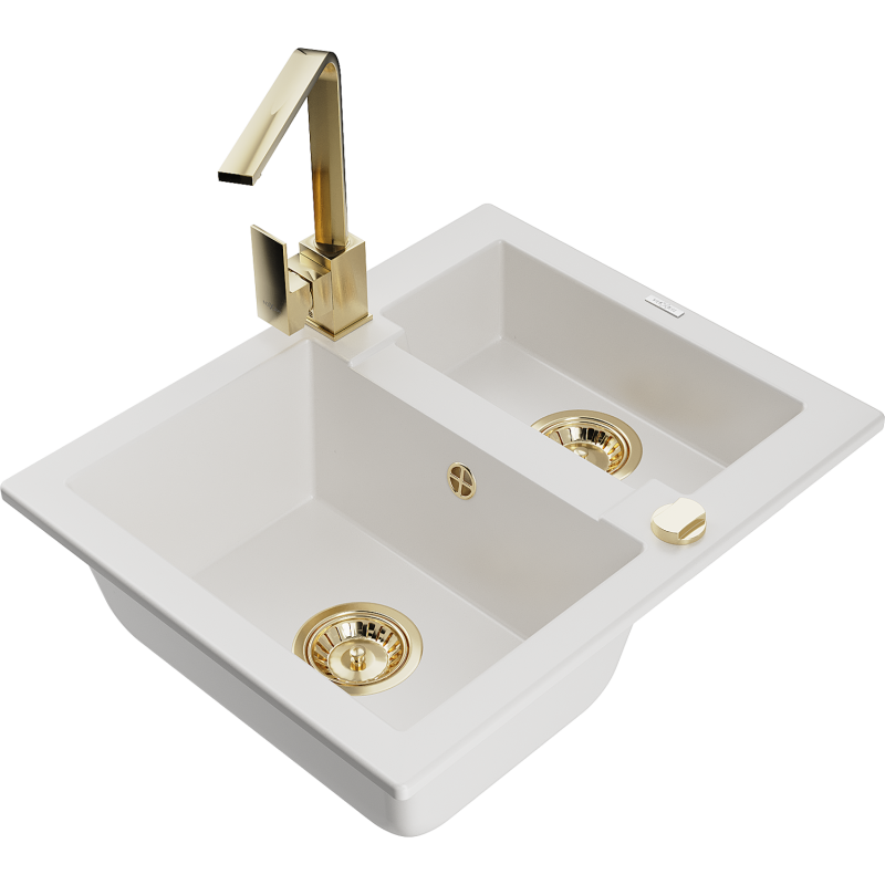 Mexen Carlos lava-louça de granito de 1,5 bacias com torneira de cozinha Rita, branco - 6518-20-670300-50