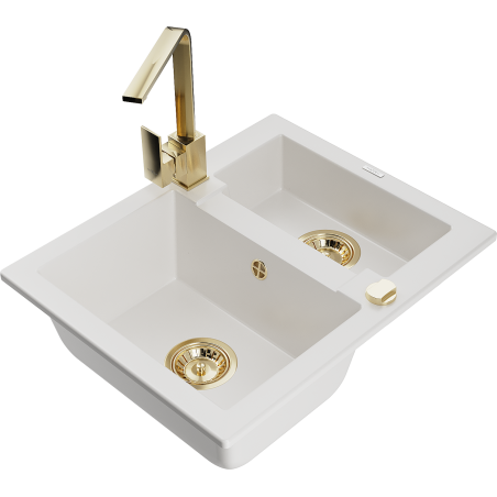 Mexen Carlos lava-louça de granito de 1,5 bacias com torneira de cozinha Rita, branco - 6518-20-670300-50