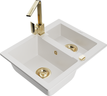 Mexen Carlos 1.5-bowl granite sink with Rita kitchen tap, white - 6518-20-670300-50