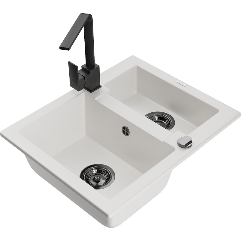 Mexen Carlos granite sink 1.5-bowl with Rita kitchen tap, white - 6518-20-670300-70