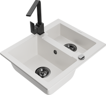 Mexen Carlos granite sink 1.5-bowl with Rita kitchen tap, white - 6518-20-670300-70