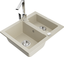 Mexen Carlos granite kitchen sink 1.5-bowl with Rita kitchen tap, beige - 6518-69-670300-00
