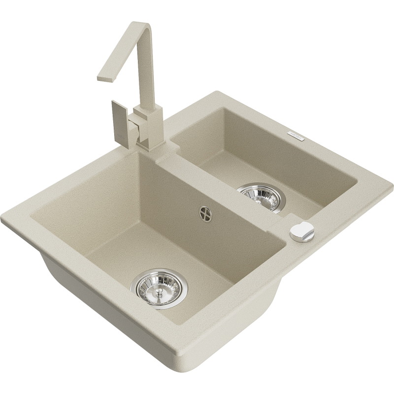 Mexen Carlos fregadero de granito de 1,5 senos con grifo de cocina Rita, beige - 6518-69-670300-69