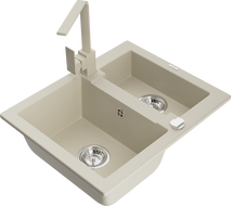 Mexen Carlos granite sink 1.5-bowl with Rita kitchen tap, beige - 6518-69-670300-69
