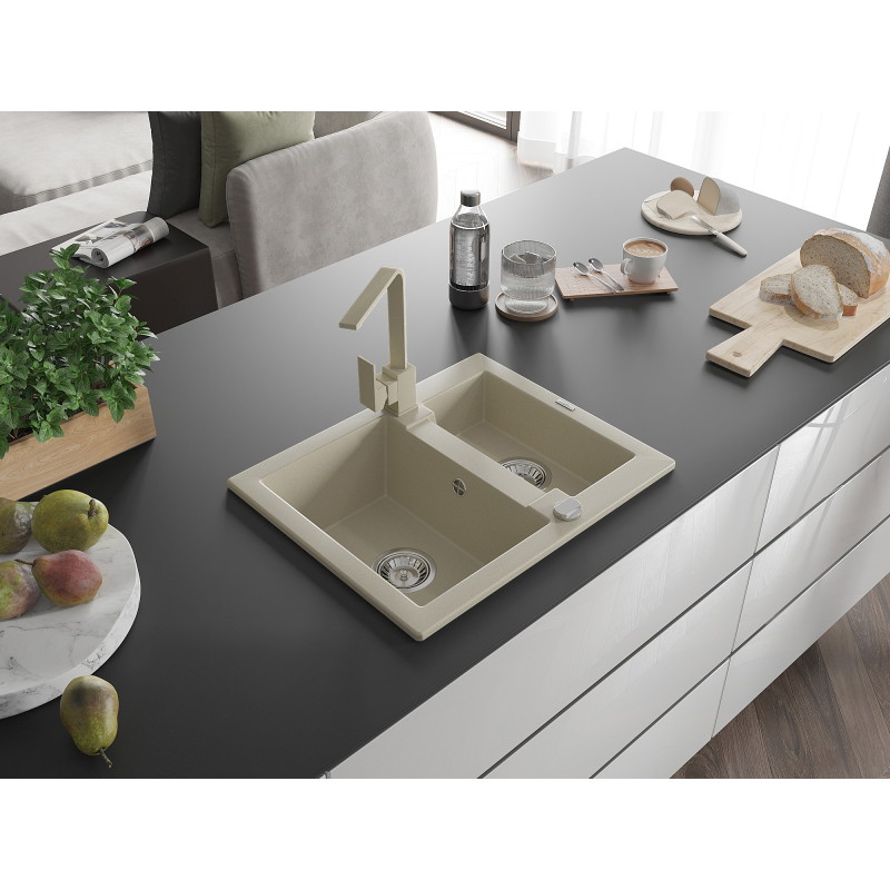 Mexen Carlos 1,5-compartiment granieten gootsteen met keukenmengkraan Rita, beige - 6518-69-670300-69