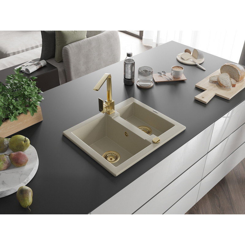 Mexen Carlos 1,5-Kammer Granitspüle mit Küchenarmatur Rita, beige - 6518-69-670300-50