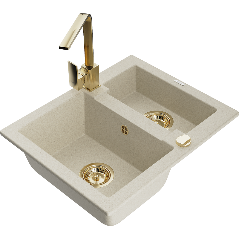 Mexen Carlos lavello in granito 1,5 vasche con rubinetto cucina Rita, beige - 6518-69-670300-50
