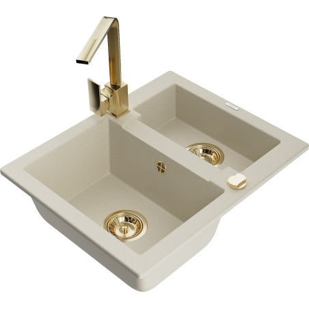 Mexen Carlos granieten spoelbak 1,5-vaks met keukenmengkraan Rita, beige - 6518-69-670300-50