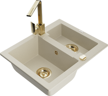 Mexen Carlos évier en granit 1,5-bacs avec robinet de cuisine Rita, beige - 6518-69-670300-50