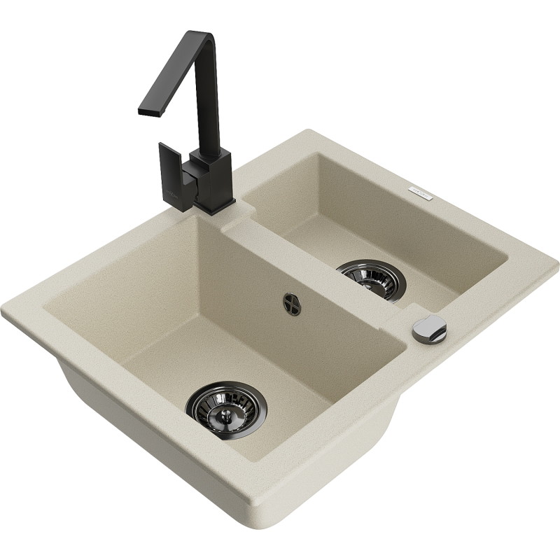 Mexen Carlos évier en granit à 1,5 cuve avec mitigeur de cuisine Rita, beige - 6518-69-670300-70