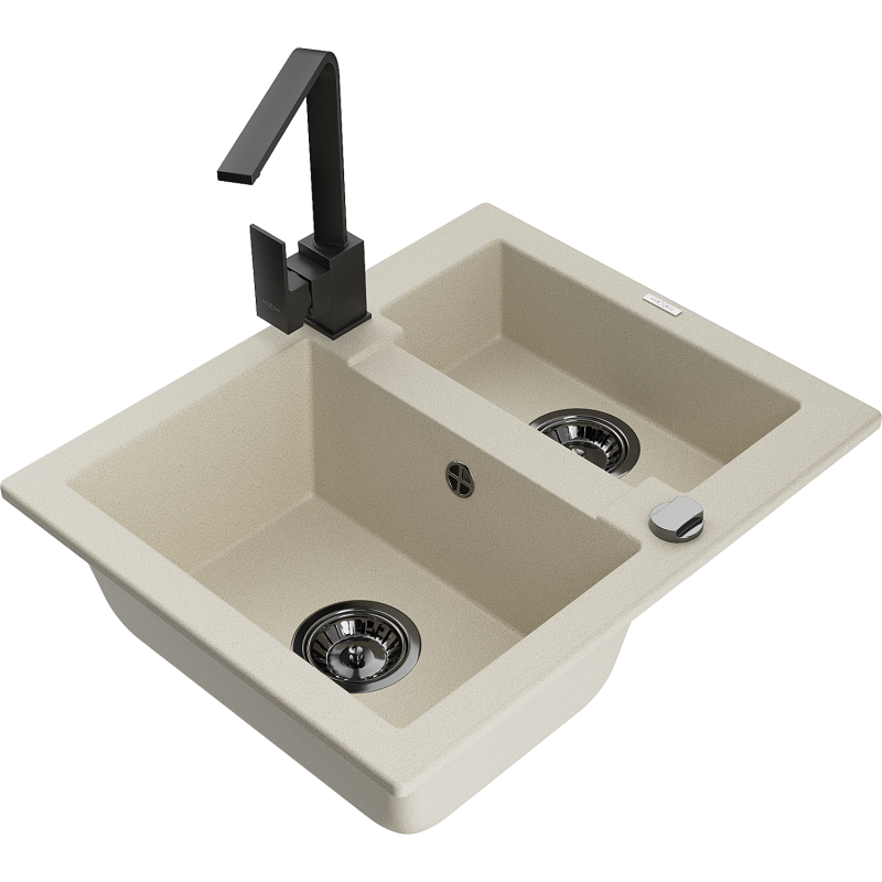 Mexen Carlos Granite Sink 1.5-Bowl with Rita Kitchen Tap, Beige - 6518-69-670300-70