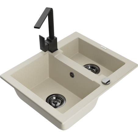 Mexen Carlos Granite Sink 1.5-Bowl with Rita Kitchen Tap, Beige - 6518-69-670300-70