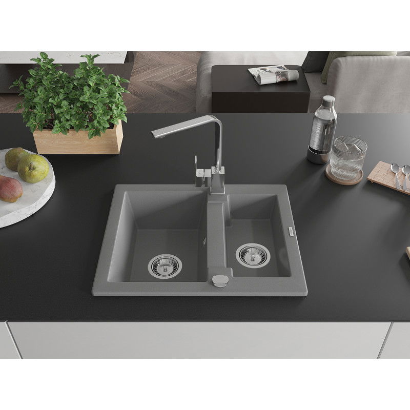 Mexen Carlos granite sink 1.5-bowl with Rita kitchen tap, grey - 6518-71-670300-00