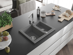 Mexen Carlos granite sink 1.5-bowl with Rita kitchen tap, grey - 6518-71-670300-00