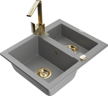 Mexen Carlos 1.5-Bowl Granite Kitchen Sink with Rita Tap, Grey - 6518-71-670300-50