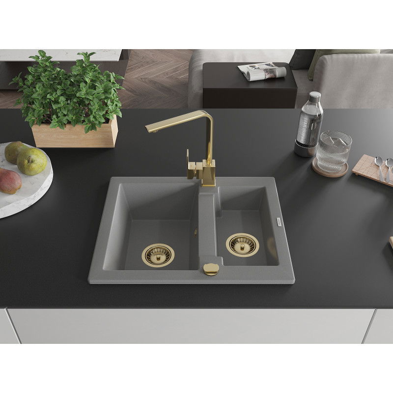 Mexen Carlos 1.5-Bowl Granite Kitchen Sink with Rita Tap, Grey - 6518-71-670300-50