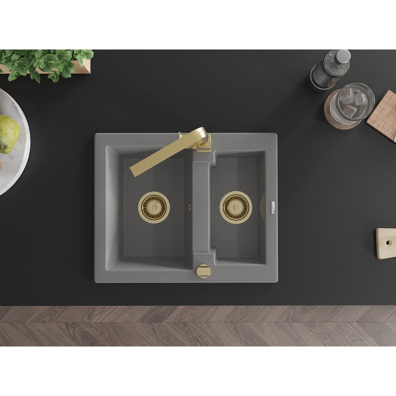 Mexen Carlos 1.5-Bowl Granite Kitchen Sink with Rita Tap, Grey - 6518-71-670300-50