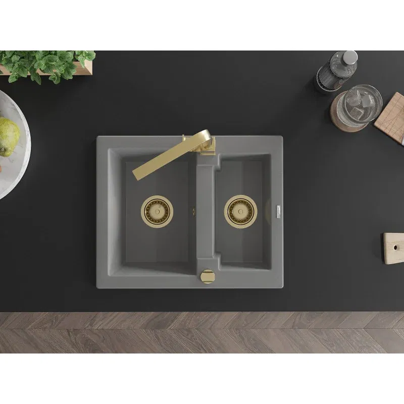 Mexen Carlos Granitspüle 1,5-fach mit Küchenarmatur Rita, grau - 6518-71-670300-50