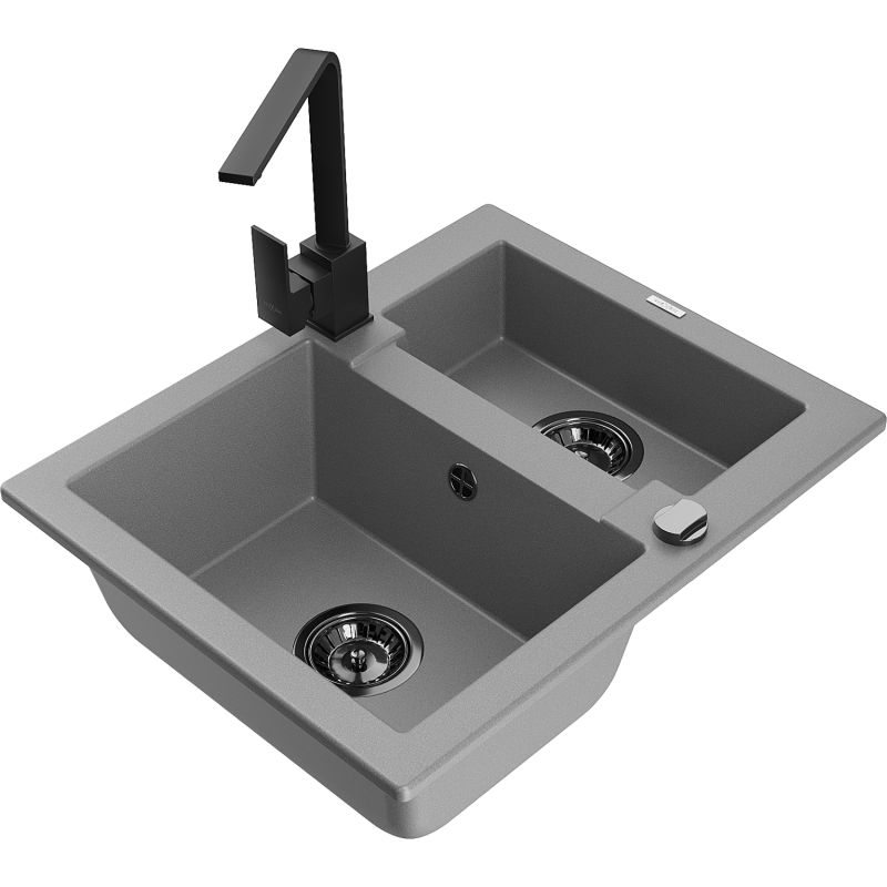 Mexen Carlos granite sink 1.5-bowl with Rita kitchen tap, grey - 6518-71-670300-70-B