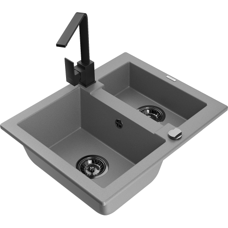 Mexen Carlos granite sink 1.5-bowl with Rita kitchen tap, grey - 6518-71-670300-70-B