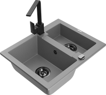 Mexen Carlos granite sink 1.5-bowl with Rita kitchen tap, grey - 6518-71-670300-70-B