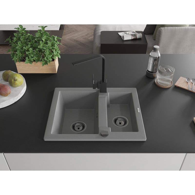 Mexen Carlos fregadero de granito 1,5-cubetas con grifo de cocina Rita, gris - 6518-71-670300-70-B