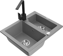 Mexen Carlos granite sink 1.5-bowl with Rita kitchen tap, grey - 6518-71-670300-70