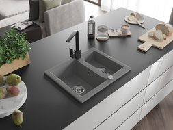 Mexen Carlos granite sink 1.5-bowl with Rita kitchen tap, grey - 6518-71-670300-70