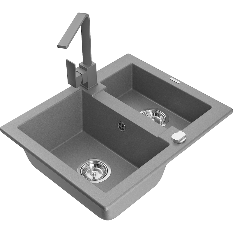 Mexen Carlos granite sink 1.5-bowl with kitchen tap Rita, grey - 6518-71-670300-71
