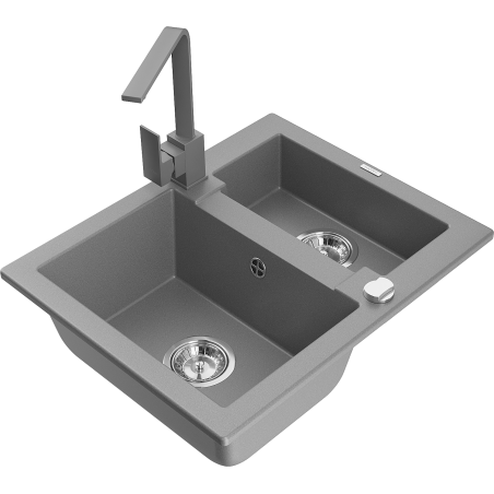 Mexen Carlos granite sink 1.5-bowl with kitchen tap Rita, grey - 6518-71-670300-71