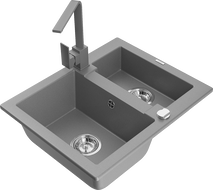 Mexen Carlos granite sink 1.5-bowl with kitchen tap Rita, grey - 6518-71-670300-71