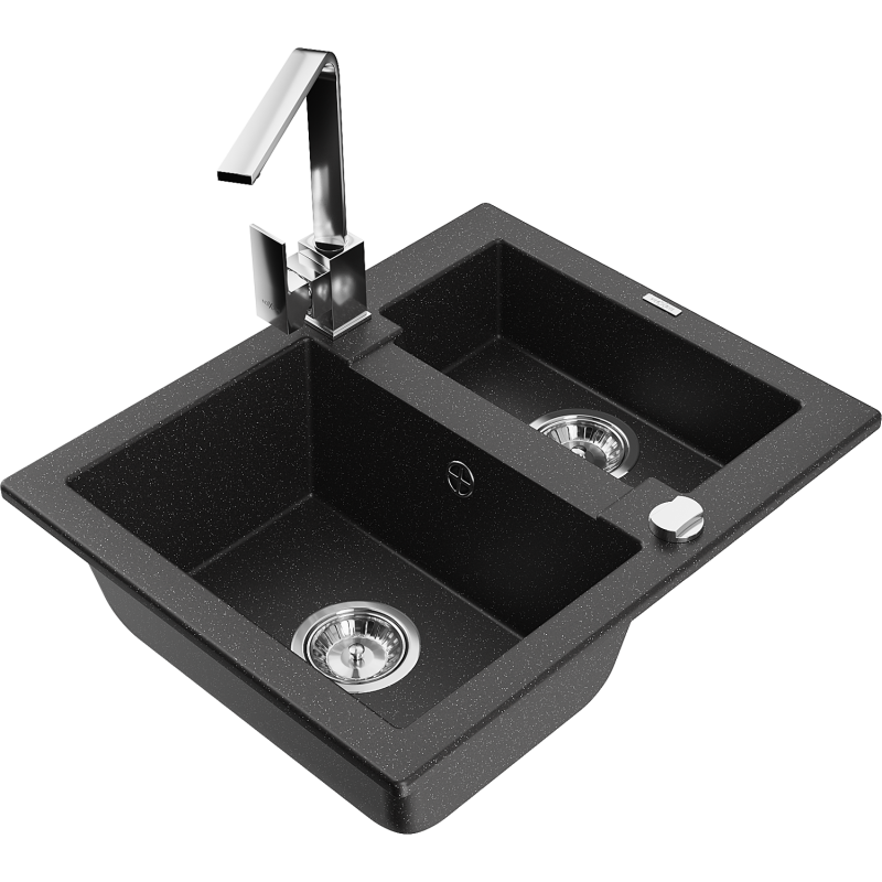 Mexen Carlos lava-loiça de granito 1,5-como com torneira de cozinha Rita, preto/prateado metálico - 6518-73-670300-00