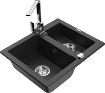 Mexen Carlos granite sink 1.5-bowl with Rita kitchen tap, black/silver metallic - 6518-73-670300-00