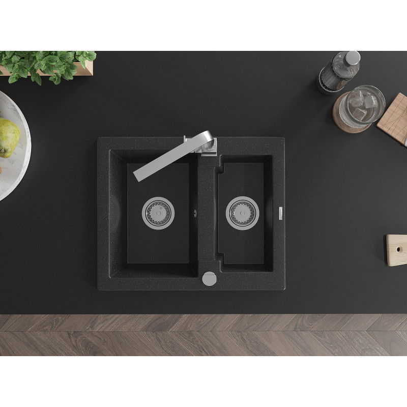 Mexen Carlos granite sink 1.5-bowl with Rita kitchen tap, black/silver metallic - 6518-73-670300-00