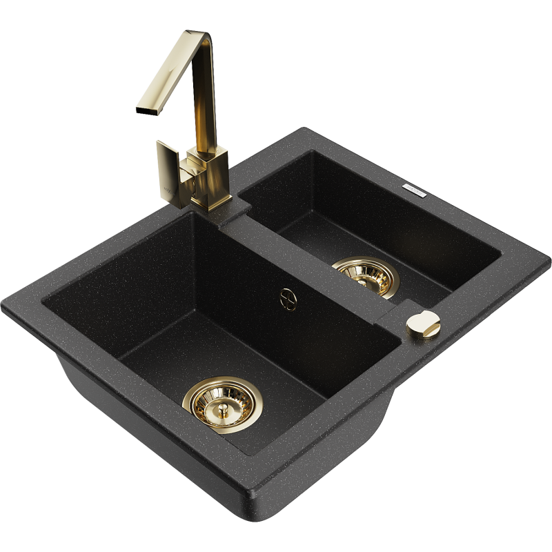 Mexen Carlos granieten gootsteen 1,5-compartiment met keukenmengkraan Rita, zwart/zilver metallic - 6518-73-670300-50