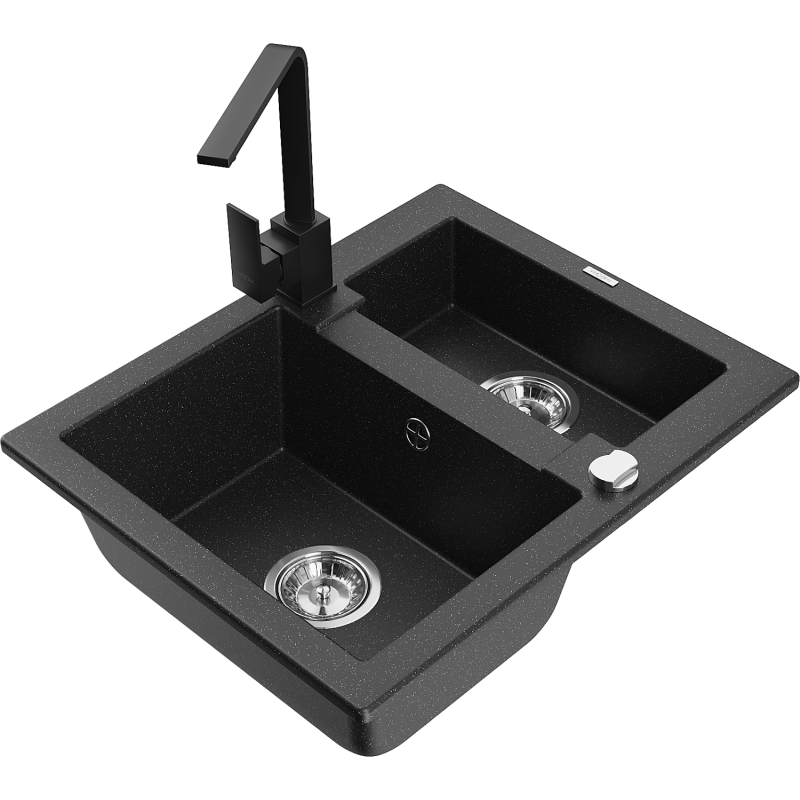 Mexen Carlos évier en granit 1,5 bac avec robinet de cuisine Rita, noir/métallisé argent - 6518-73-670300-70