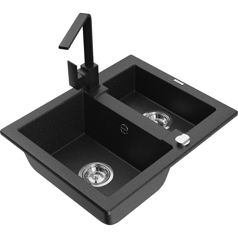 Mexen Carlos granite sink 1.5-bowl with Rita kitchen tap, black/silver metallic - 6518-73-670300-70