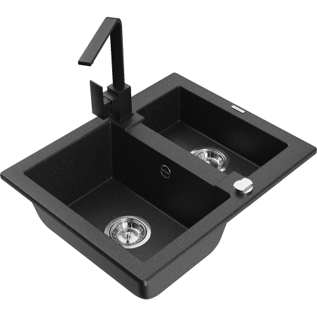 Mexen Carlos granite sink 1.5-bowl with Rita kitchen tap, black/silver metallic - 6518-73-670300-70